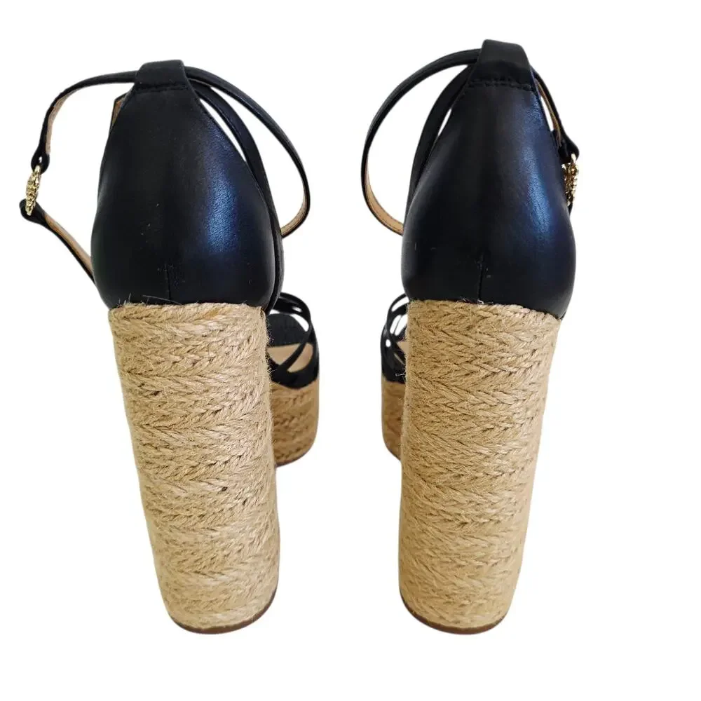 Sam Edelman Kade Black Leather & Jute Platform Espadrille Sandals Size 9